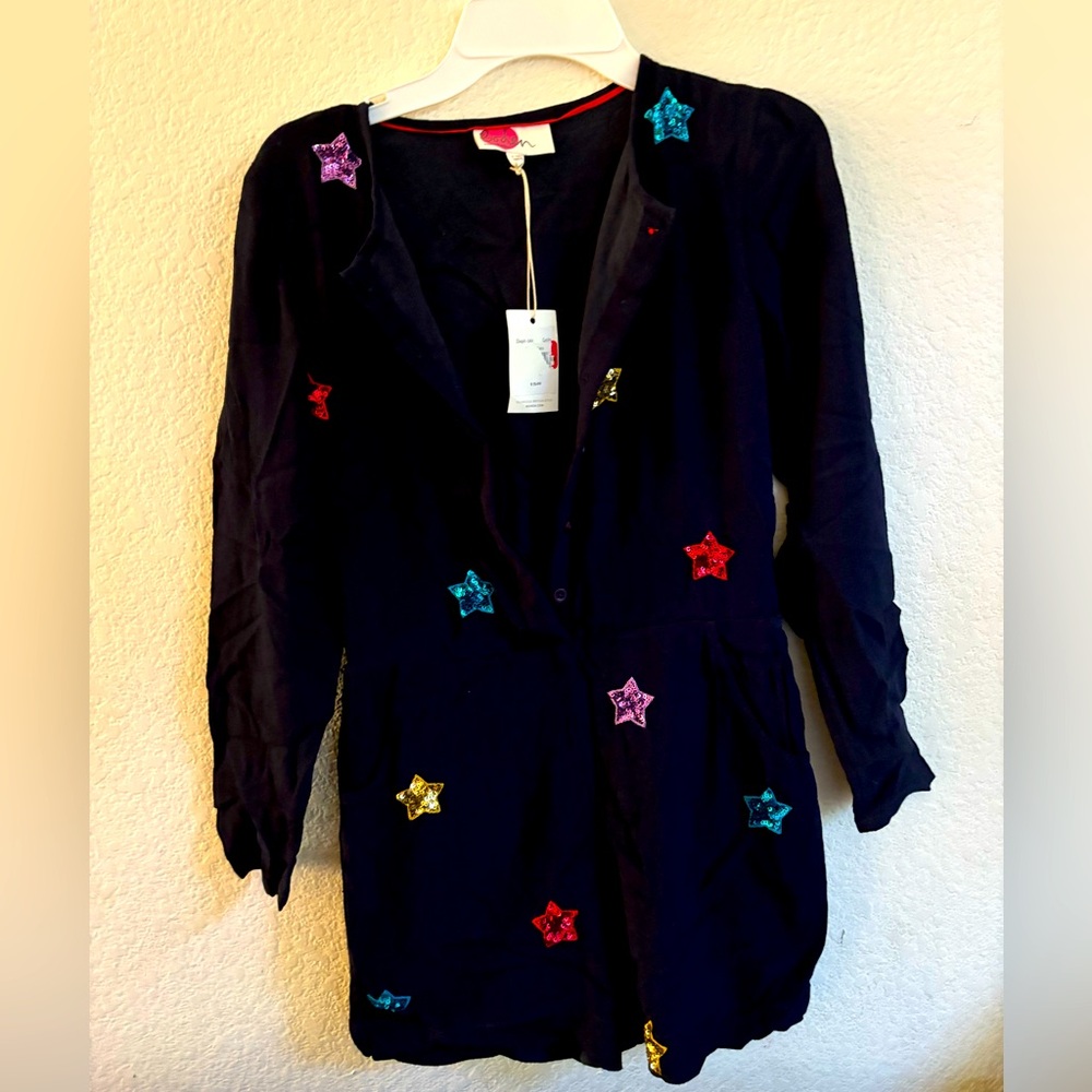 Romper: Navy blue with multi color stars appliqué